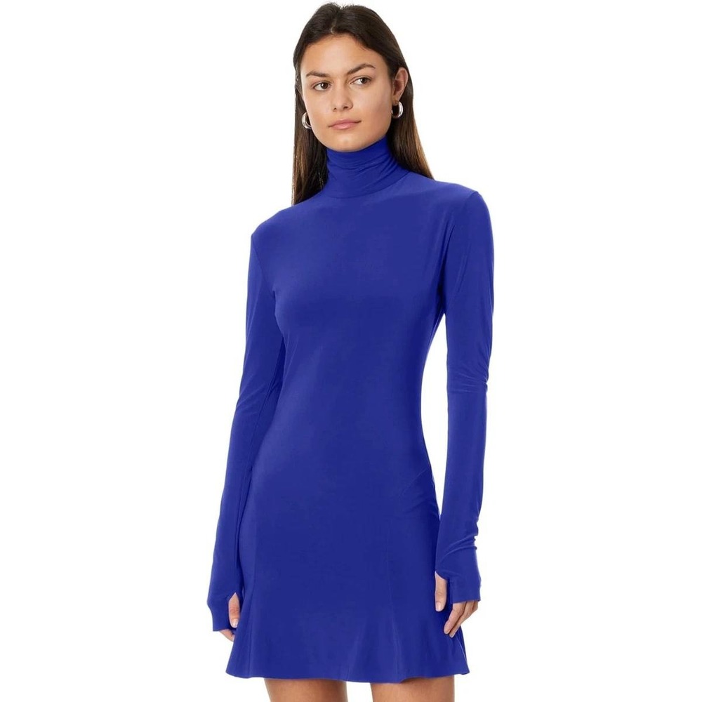 Norma Kamali Long Sleeve Turtleneck Fishtail Mini Dress S Electric Blue Party